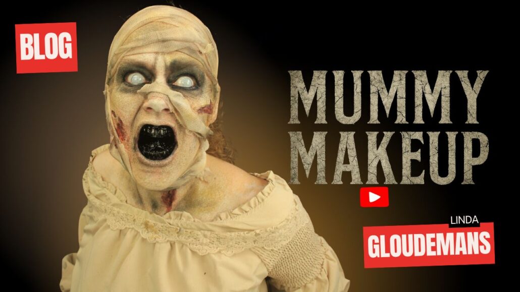 Mummy Makeup Halloween schminkvoorbeeld met realistische wonden en verband, stap voor stap uitgelegd door Linda Gloudemans, verkrijgbaar bij SchminkenGrime.nl