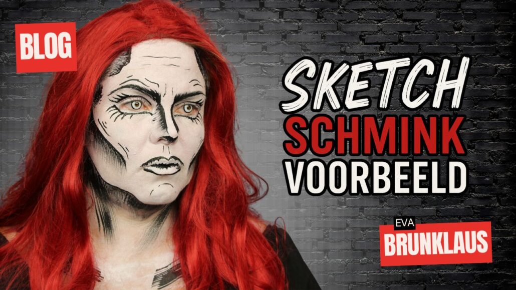 Sketch schmink voorbeeld met zwart-wit stripfiguur look en rode pruik, inspiratie voor Halloween schmink, verkrijgbaar bij SchminkenGrime.nl