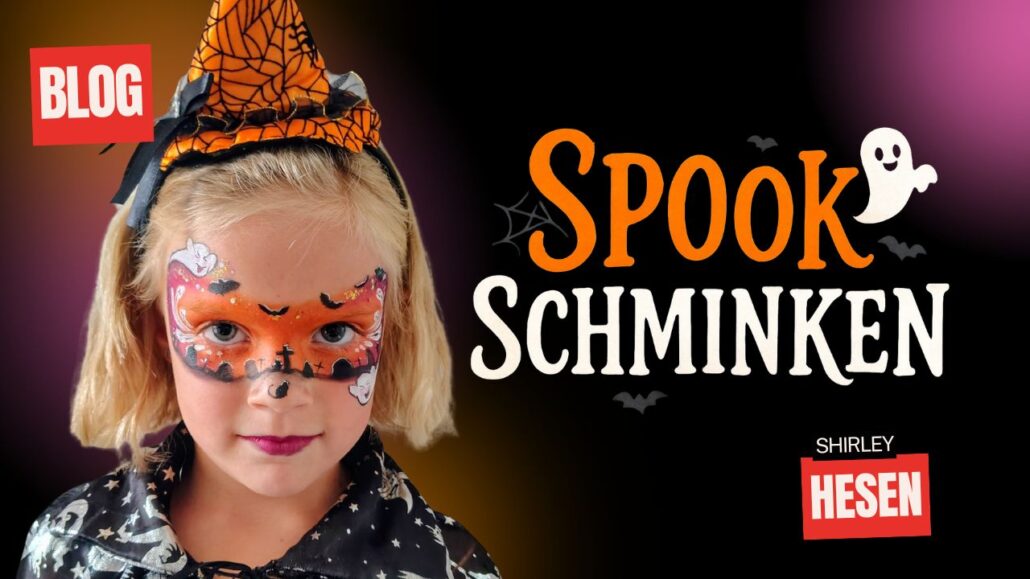 Spook schminken voorbeeld voor Halloween met kindermasker, vrolijke spookjes en vleermuizen – verkrijgbaar bij SchminkenGrime.nl