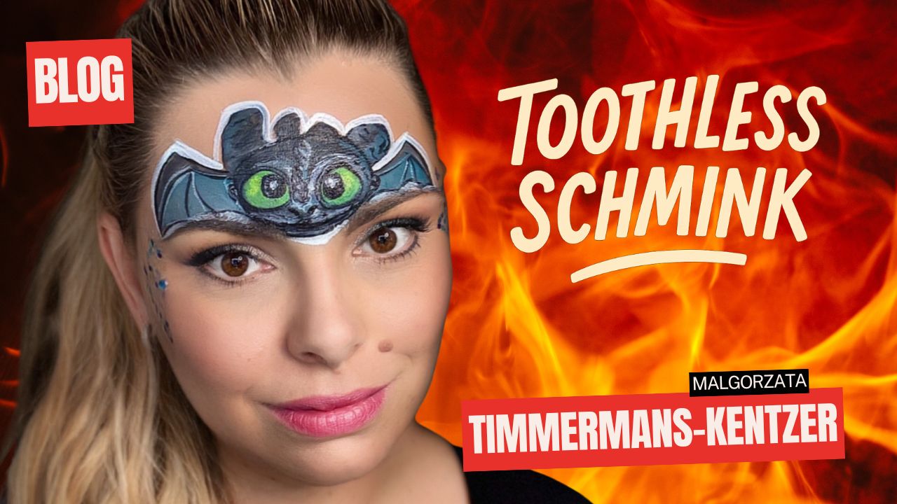 Toothless schmink voorbeeld op voorhoofd, stap-voor-stap uitgelegd door Malgorzata Timmermans-Kentzer in blog op SchminkenGrime.nl