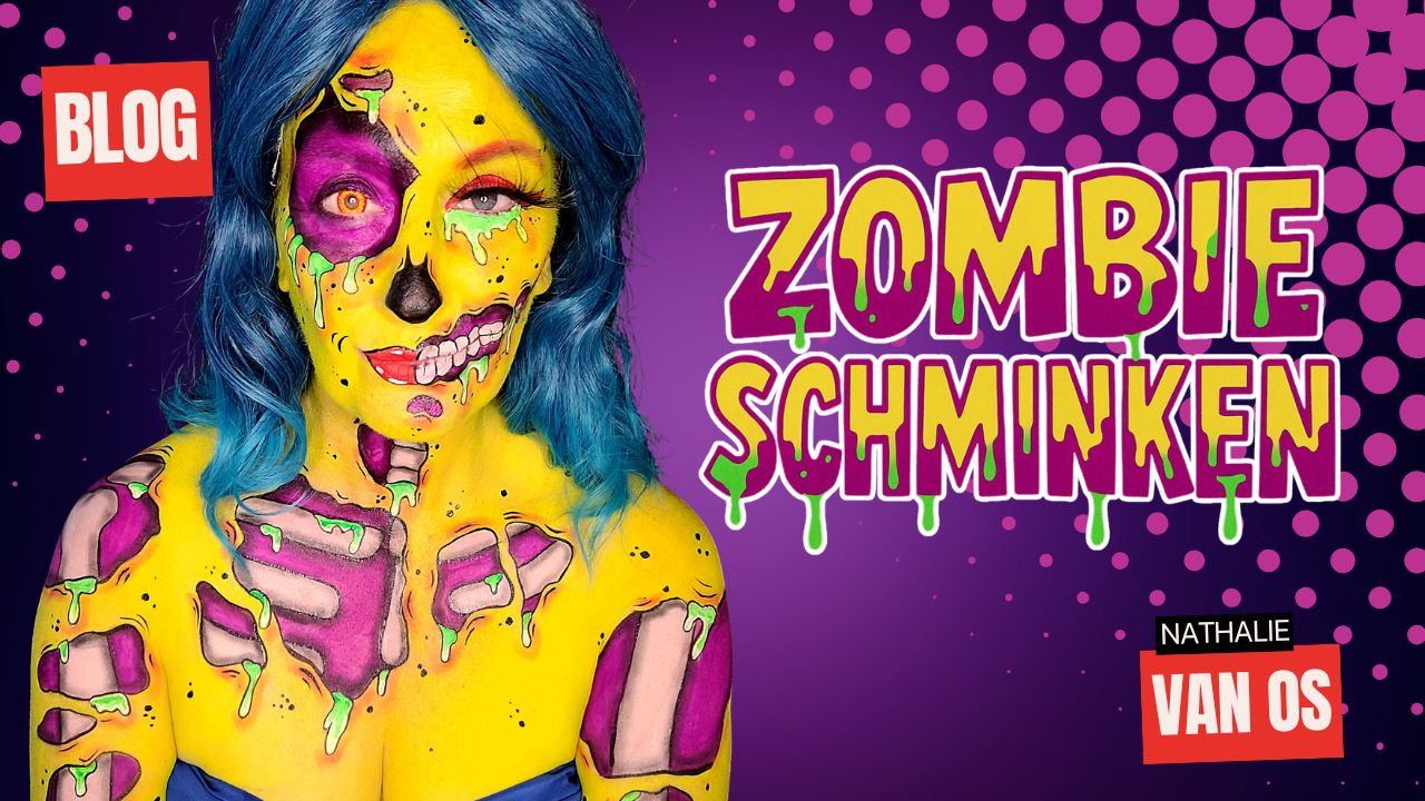 Pop Art Zombie Schminken voorbeeld met kleurrijke Halloween look, verkrijgbaar bij SchminkenGrime.nl