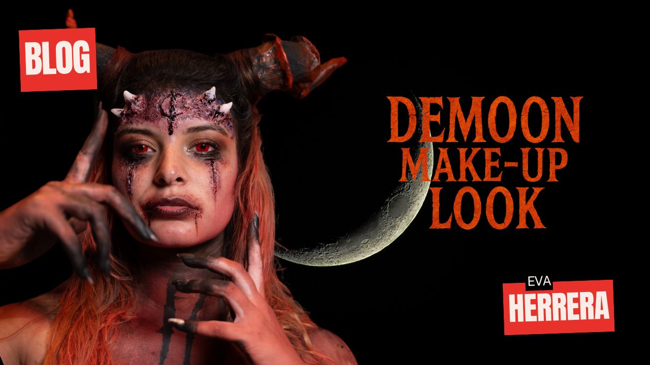 demoon make-up look banner met Eva Herrera en rode ogen, verkrijgbaar bij SchminkenGrime.nl
