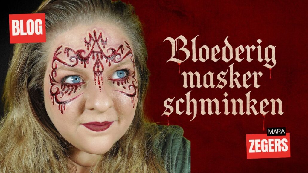 Bloederig masker schminken Halloween look van Mara Zegers – stap voor stap voorbeeld met nepbloed en Superstar schmink, verkrijgbaar bij SchminkenGrime.nl