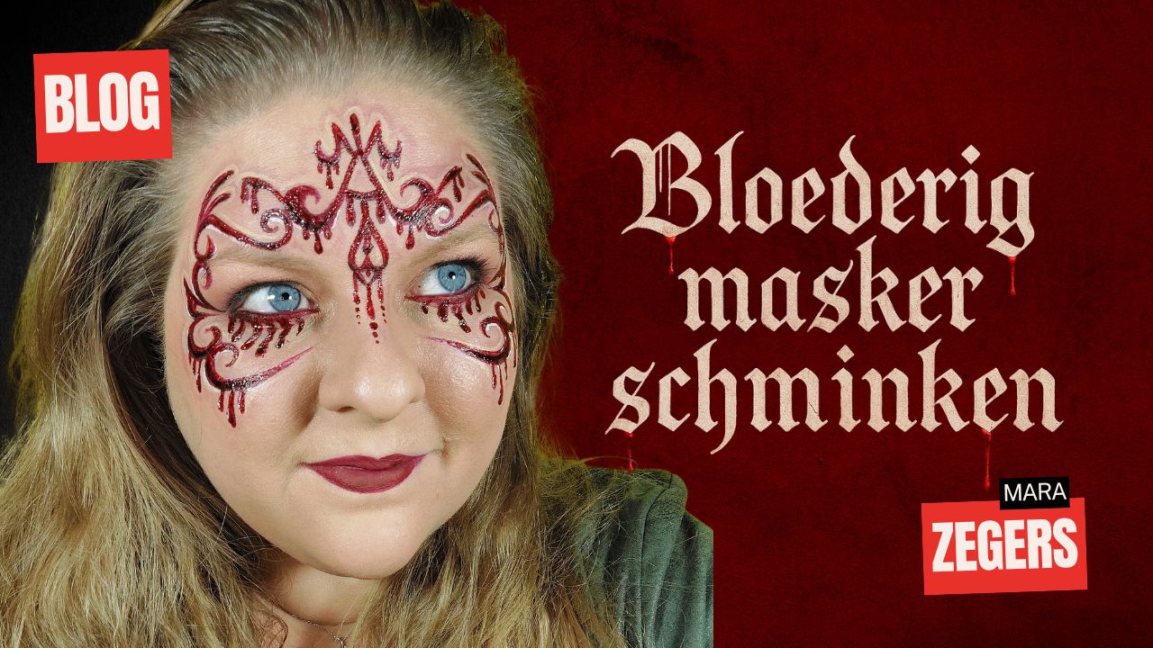 Bloederig masker schminken Halloween look van Mara Zegers – stap voor stap voorbeeld met nepbloed en Superstar schmink, verkrijgbaar bij SchminkenGrime.nl