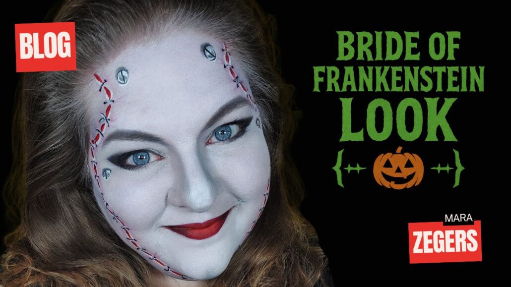 Bride of Frankenstein look Halloween schmink voorbeeld door Mara Zegers – stap voor stap make-up inspiratie – verkrijgbaar bij SchminkenGrime.nl