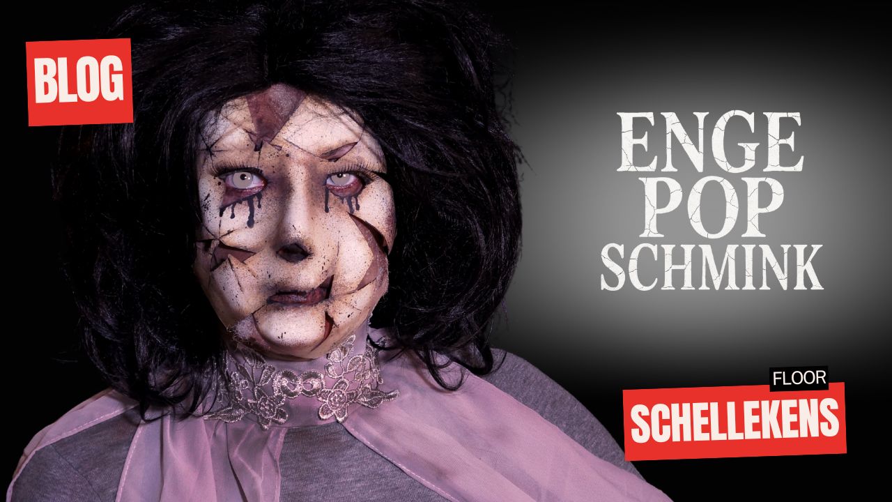 Enge pop schmink met gebroken porseleinen gezicht en witte ogen, Halloween look van Floor Schellekens