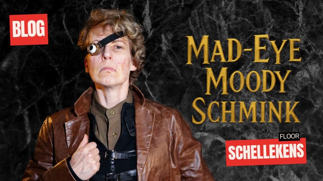 Mad-Eye Moody schmink voorbeeld met kunstoog en littekens, realistische Halloween look door Floor Schellekens, verkrijgbaar bij SchminkenGrime.nl