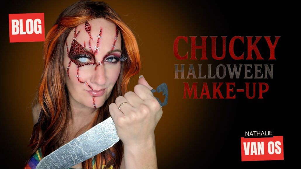 Chucky Halloween make-up met glam rode strass steentjes en mes, Halloween look door Nathalie van Os, verkrijgbaar bij SchminkenGrime.nl