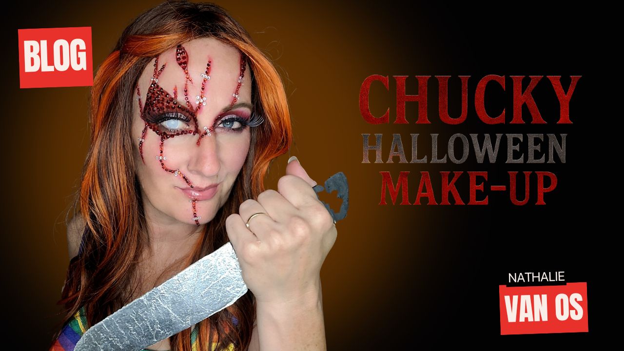 Chucky Halloween make-up met glam rode strass steentjes en mes, Halloween look door Nathalie van Os, verkrijgbaar bij SchminkenGrime.nl
