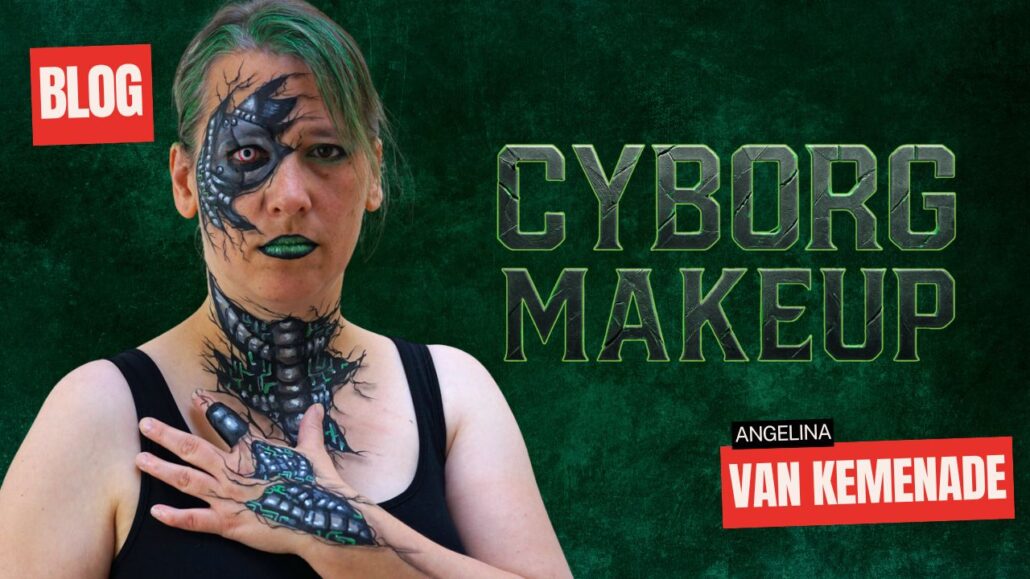 Cyborg Makeup Halloween schmink voorbeeld met metalen en groene accenten, gemaakt door Angelina van Kemenade – verkrijgbaar bij SchminkenGrime.nl