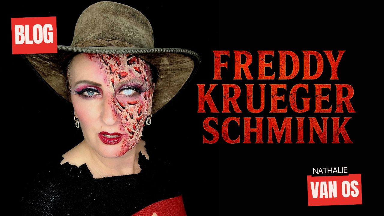 Freddy Krueger schmink voorbeeld met verbrande huid en hoed, gemaakt door Nathalie van Os, verkrijgbaar bij SchminkenGrime.nl