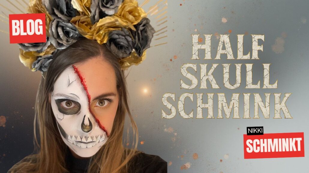 Half Skull Schmink Halloween look met goud en fake blood – stap voor stap uitgelegd door Nikki, verkrijgbaar bij SchminkenGrime.nl