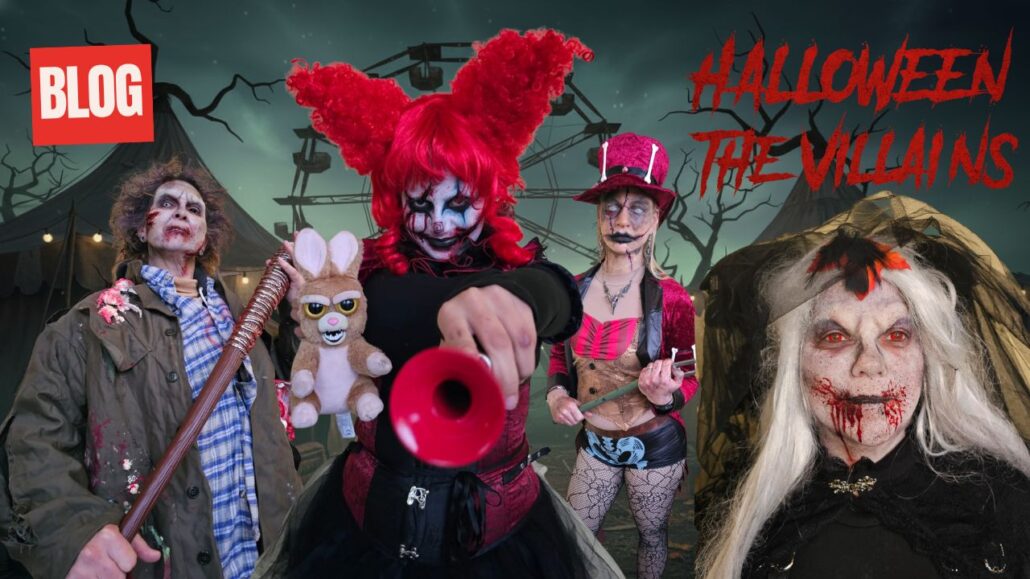 Halloween The Villains blogbanner met SFX grime en horror karakters, gecreëerd door SchminkenGrime.nl, verkrijgbaar bij SchminkenGrime.nl