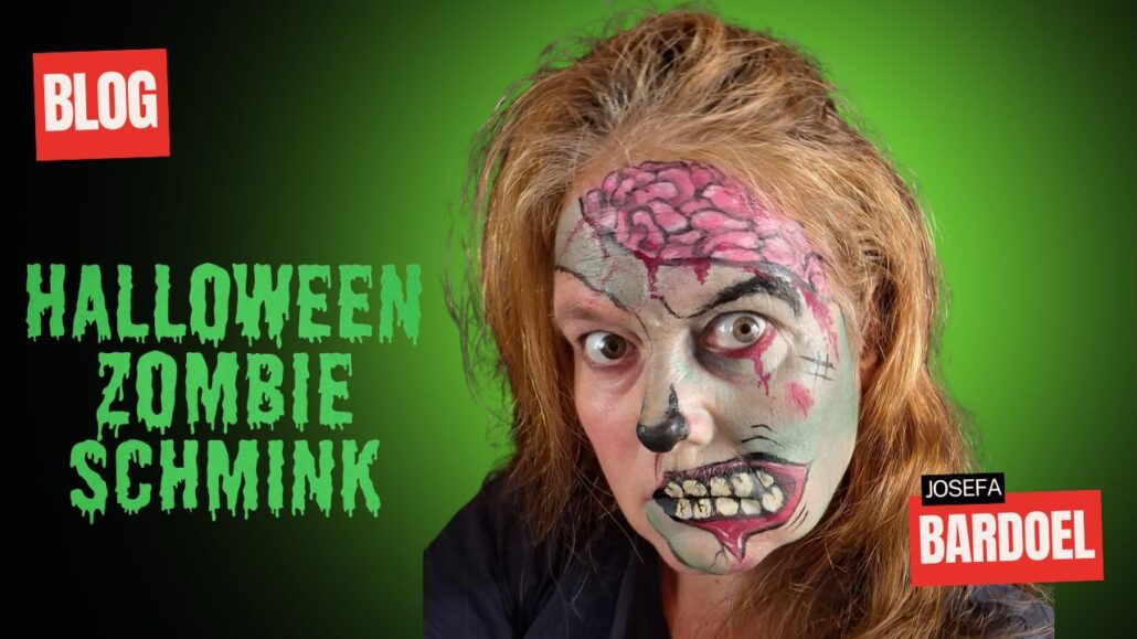 Halloween zombie schmink voorbeeld met open hersenen en griezelige look, gemaakt door Josefa Bardoel – verkrijgbaar bij SchminkenGrime.nl