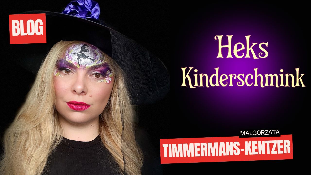 heks-kinderschmink-schminkengrime Heks kinderschmink banner met paarse glow en Halloween look door Malgorzata Timmermans-Kentzer, verkrijgbaar bij SchminkenGrime.nl