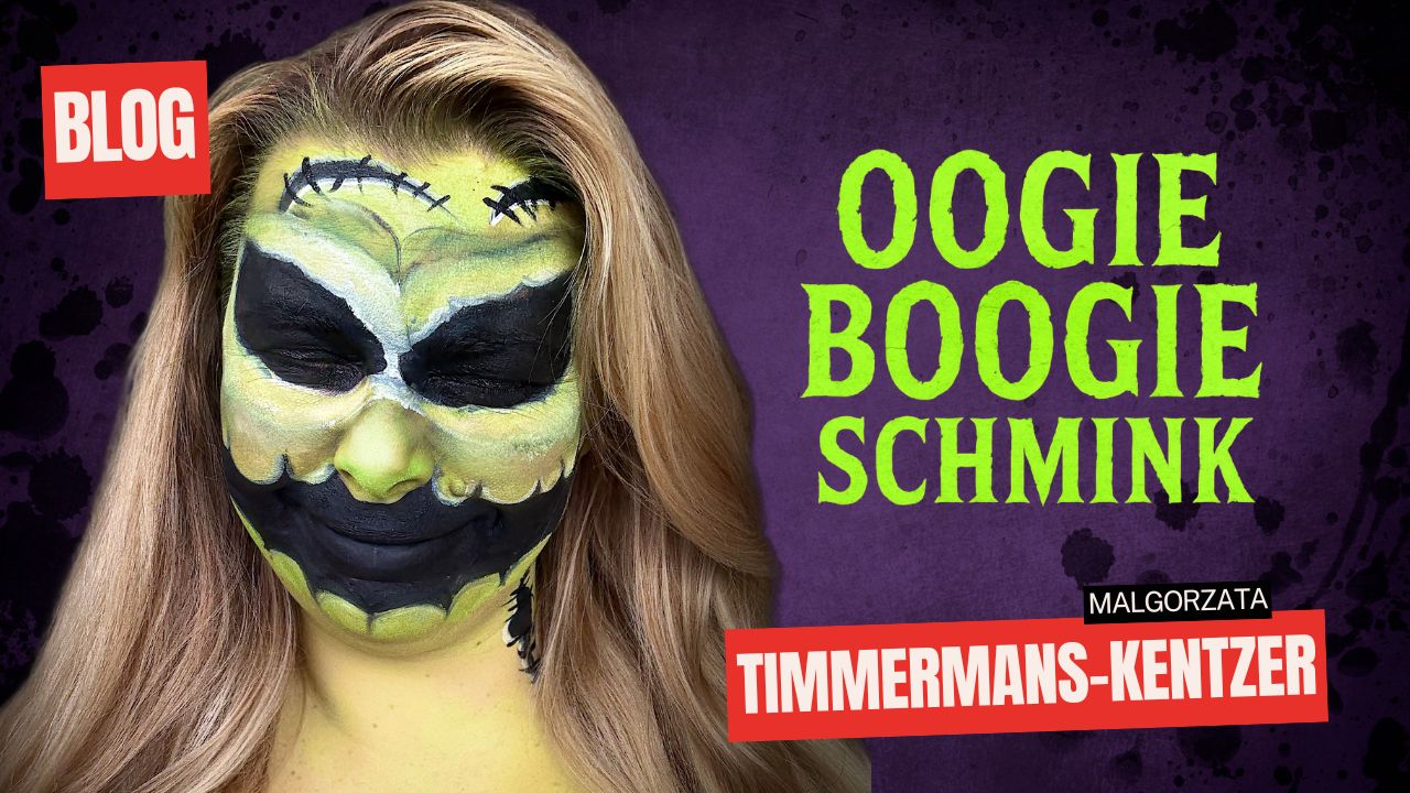 Oogie Boogie schmink voorbeeld in groene en zwarte tinten, Halloween look door Malgorzata Timmermans-Kentzer, met producten van SchminkenGrime.nl