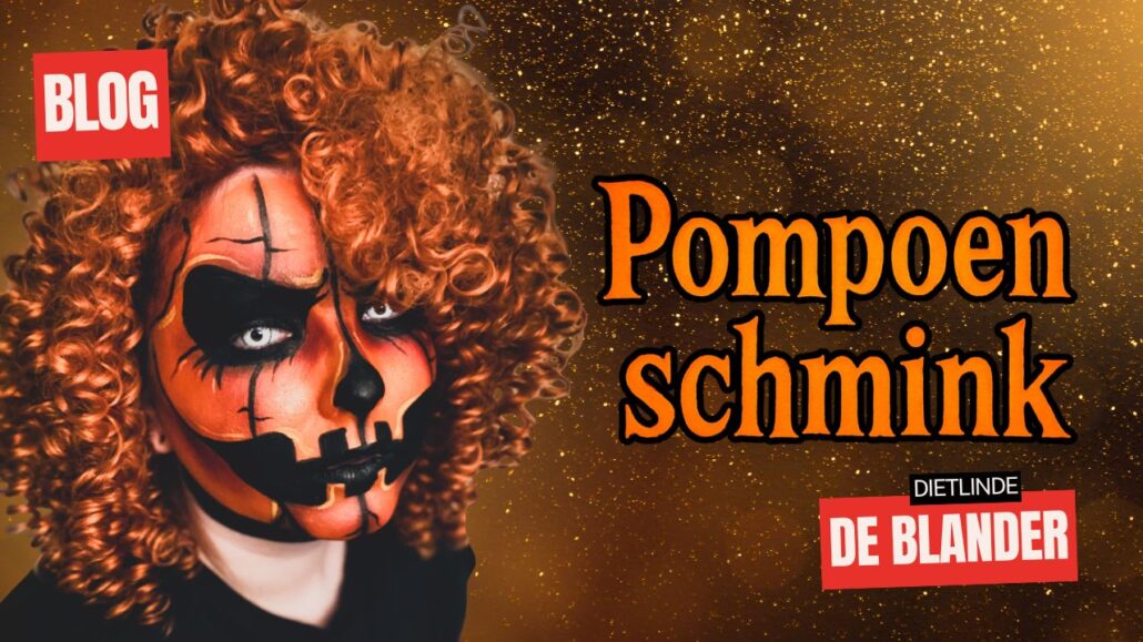 Pompoen schmink voorbeeld voor Halloween met oranje krullenpruik en zwarte details, stap-voor-stap uitgelegd op SchminkenGrime.nl