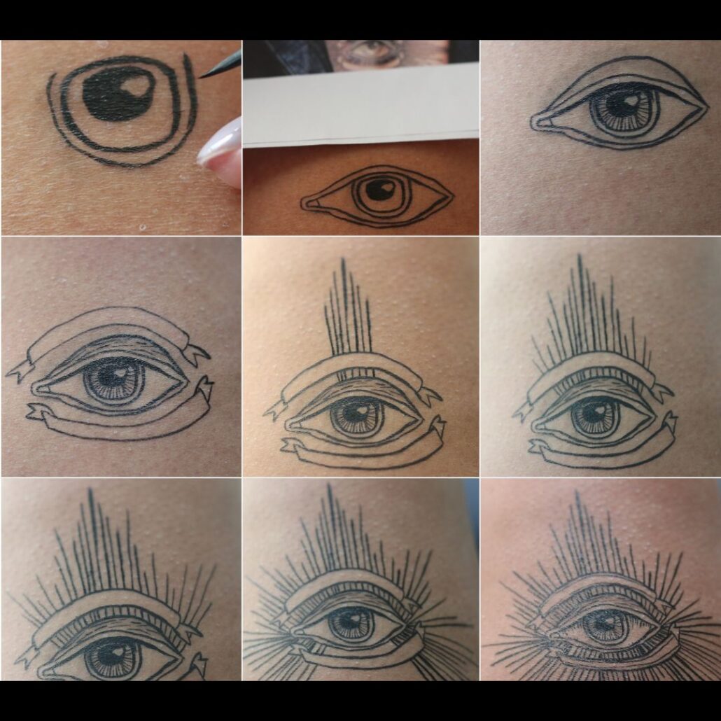 Detailfoto The Crow make-up alziend oog tattoo met zwarte watermake-up, verkrijgbaar bij SchminkenGrime.nl