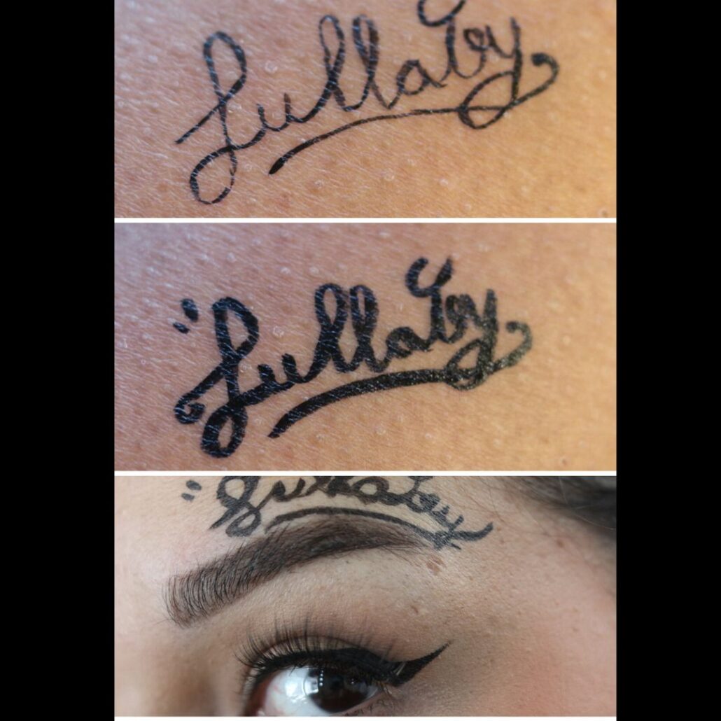 The Crow make-up Lullaby tattoo boven wenkbrauw, gothic stijl schmink voorbeeld, verkrijgbaar bij SchminkenGrime.nl