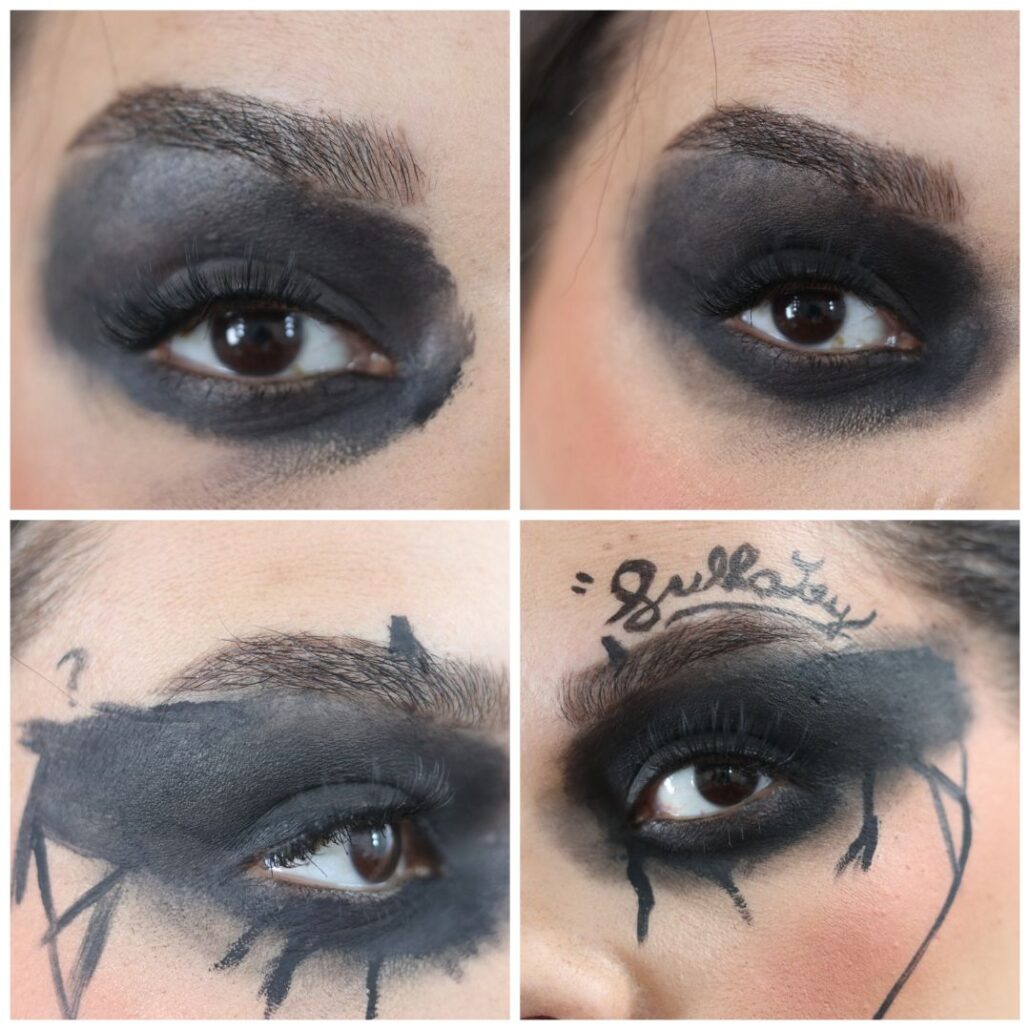 The Crow make-up donkere ogen, zwart uitgeblend met oogschaduw, Halloween schmink voorbeeld, verkrijgbaar bij SchminkenGrime.nl