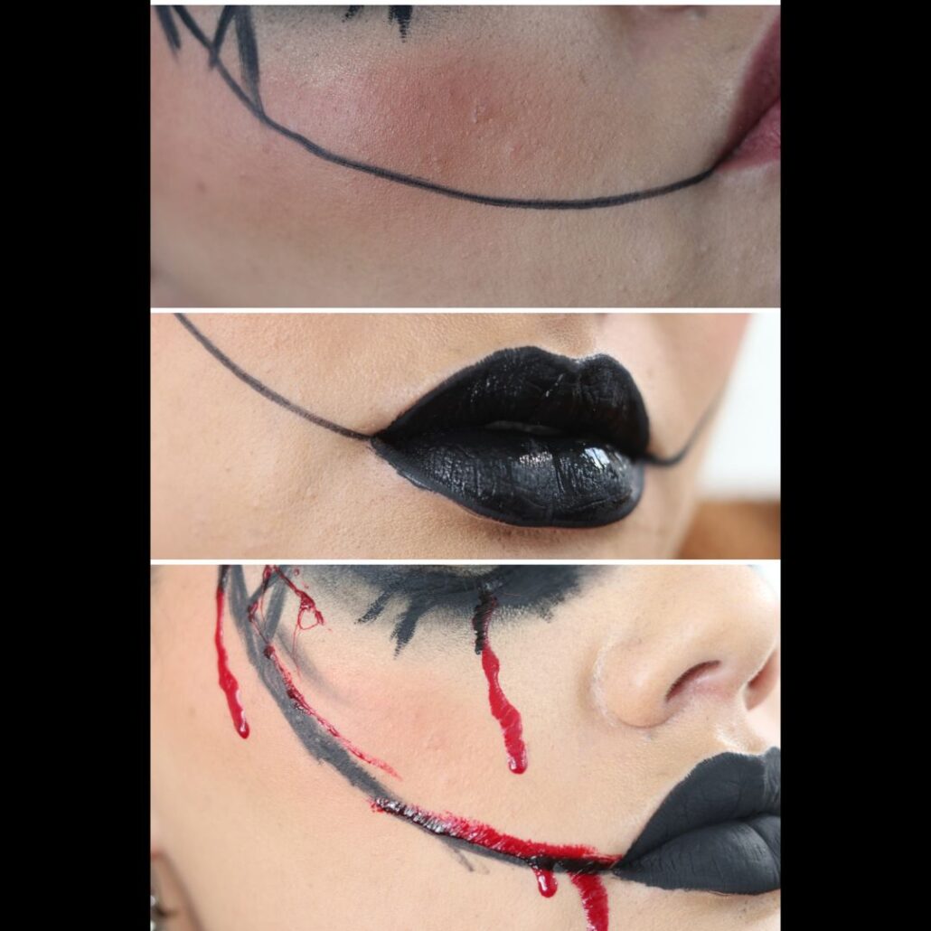 The Crow make-up zwarte lippen met bloedaccenten, duister Halloween schmink voorbeeld, verkrijgbaar bij SchminkenGrime.nl