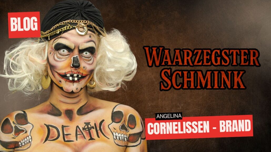 Waarzegster schmink voorbeeld met witte pruik, schedel bodypaint en tekst DEATH op borst, gemaakt door Angelina Cornelissen-Brand, verkrijgbaar bij SchminkenGrime.nl