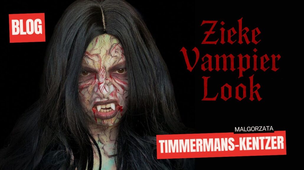 Zieke vampier look schmink voorbeeld voor Halloween met bloedige aders en vampiertanden, gemaakt door Malgorzata Timmermans-Kentzer, verkrijgbaar bij SchminkenGrime.nl