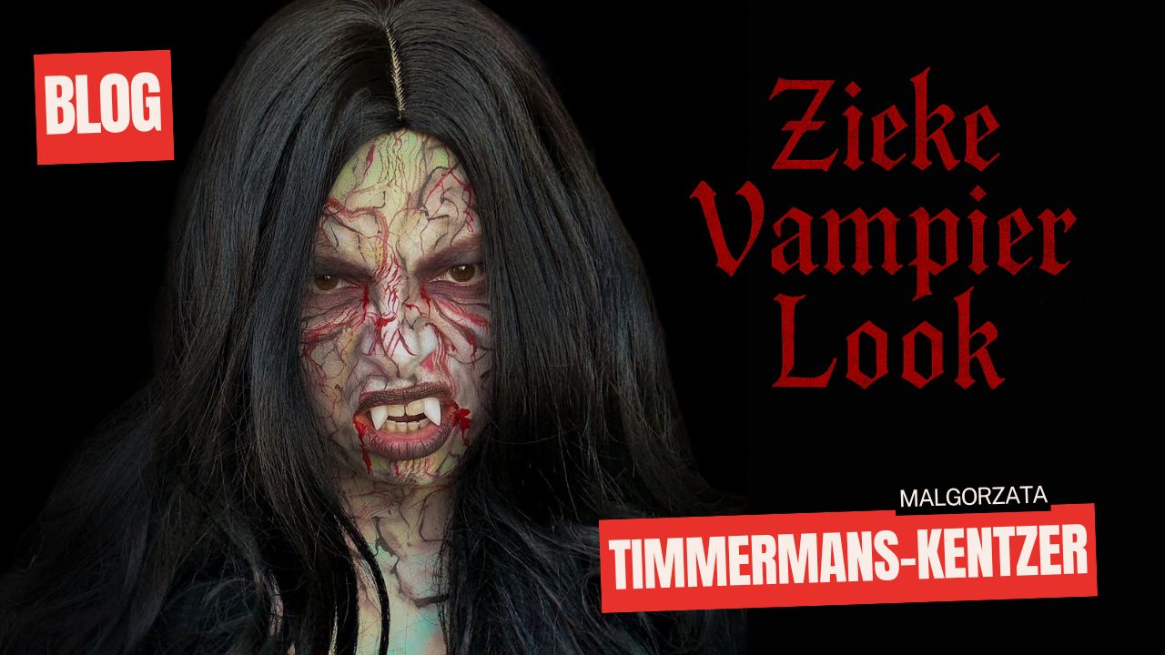 Zieke vampier look schmink voorbeeld voor Halloween met bloedige aders en vampiertanden, gemaakt door Malgorzata Timmermans-Kentzer, verkrijgbaar bij SchminkenGrime.nl