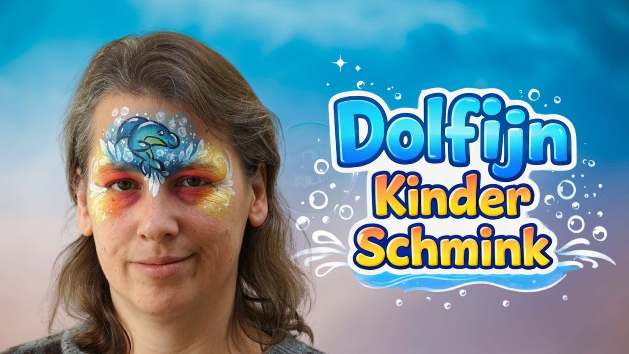 Dolfijn kinder schmink ontwerp met blauwe dolfijn en waterdetails, stap voor stap uitgelegd op SchminkenGrime.nl