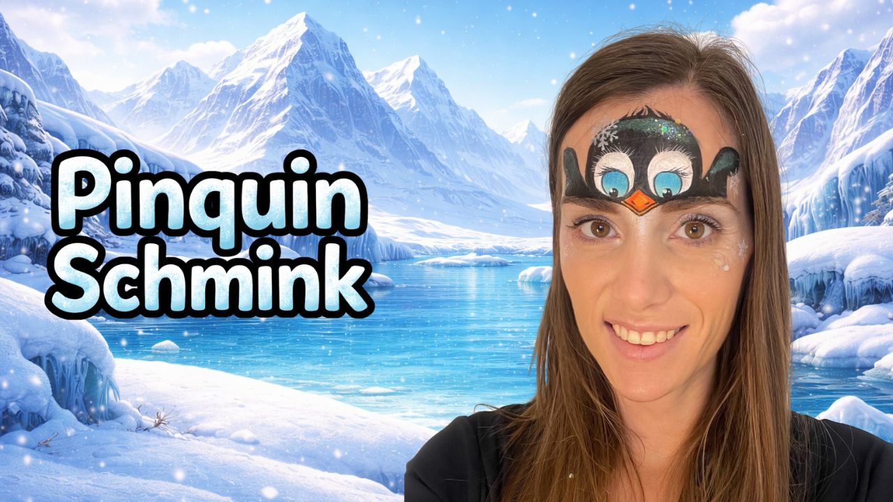 Pinquin schmink voorbeeld met pinguin ontwerp en winterse ijsachtergrond, verkrijgbaar bij SchminkenGrime.nl