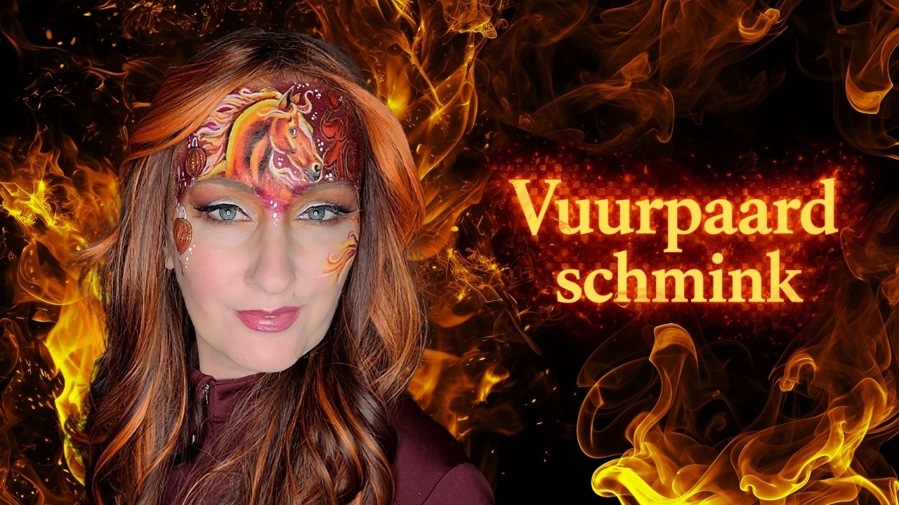Vuurpaard schmink met warme rood en oranje tinten en vlammen effect, professioneel schmink voorbeeld, verkrijgbaar bij SchminkenGrime.nl