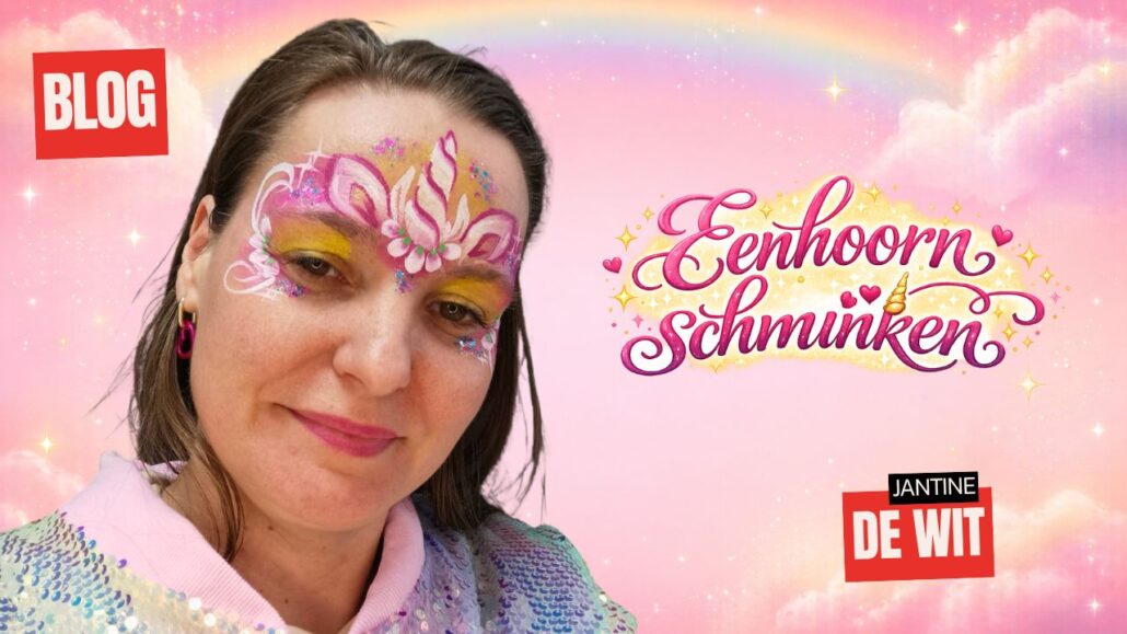 Geel-roze schmink basislaag met petal sponsje voor eenhoorn schminken, verkrijgbaar bij SchminkenGrime.nl