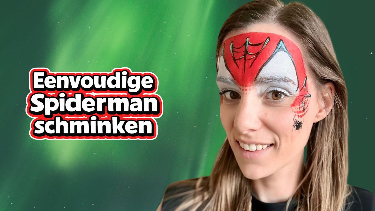 eenvoudige spiderman schminken voorbeeld met spinnenweb en rode witte schmink op gezicht verkrijgbaar bij SchminkenGrime.nl