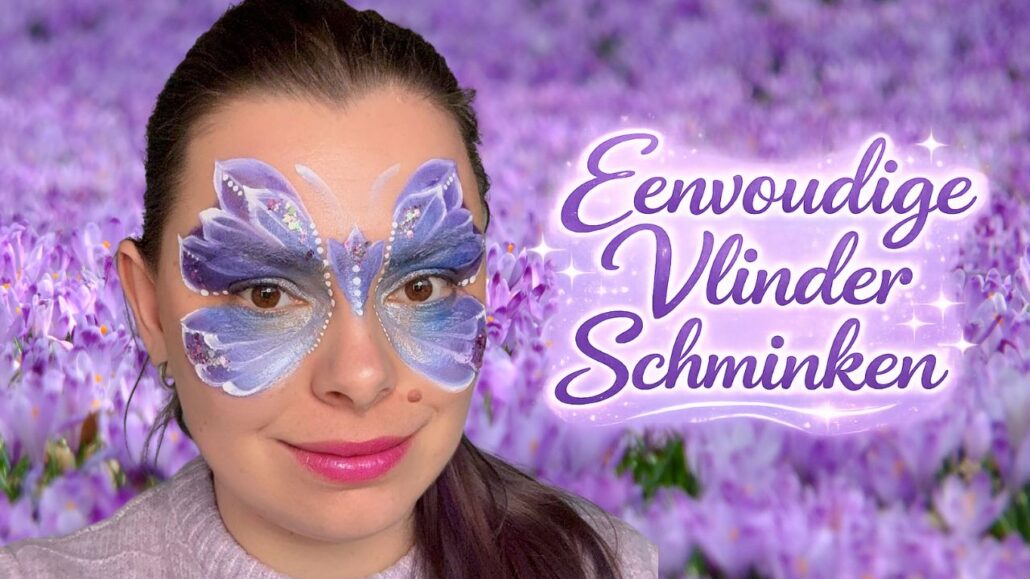 eenvoudige vlinder schminken met paarse en blauwe vlinder schmink op gezicht stap voor stap resultaat verkrijgbaar bij SchminkenGrime.nl