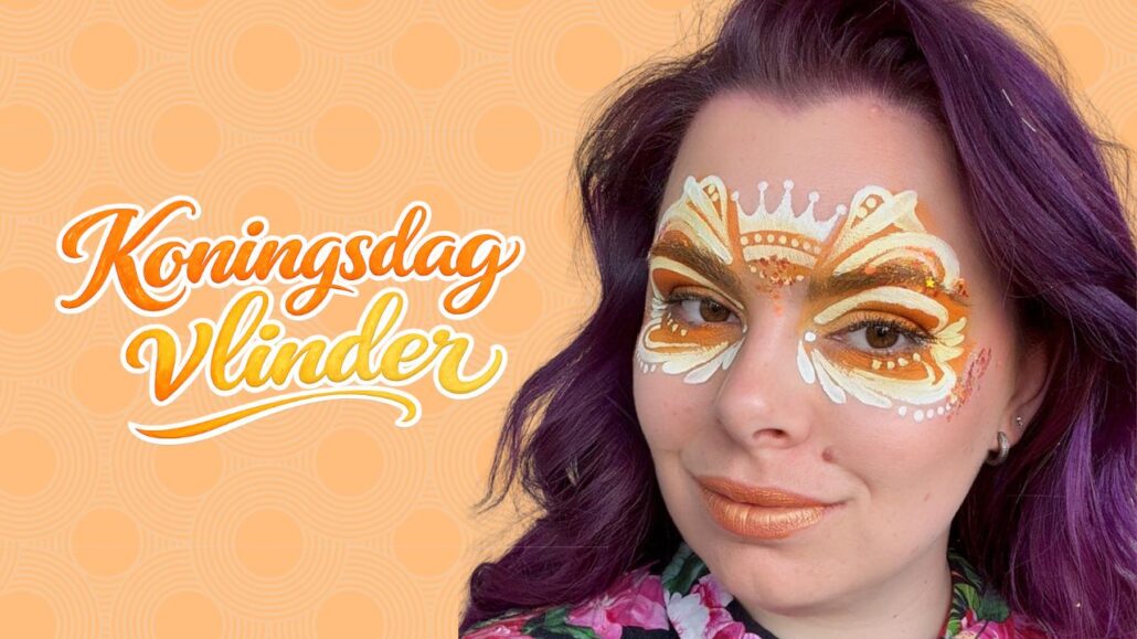 Koningsdag vlinder schminken banner met oranje achtergrond en vlinder schmink ontwerp op gezicht verkrijgbaar bij SchminkenGrime.nl