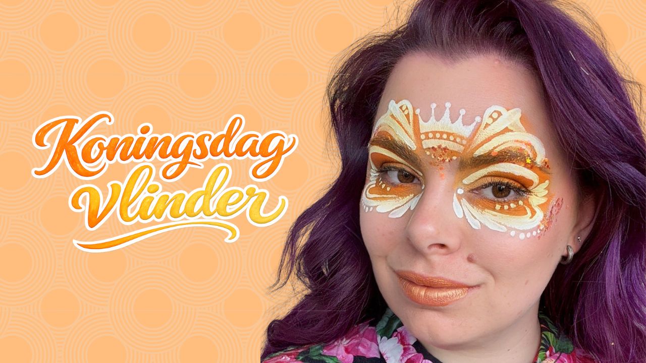 Koningsdag vlinder schminken banner met oranje achtergrond en vlinder schmink ontwerp op gezicht verkrijgbaar bij SchminkenGrime.nl