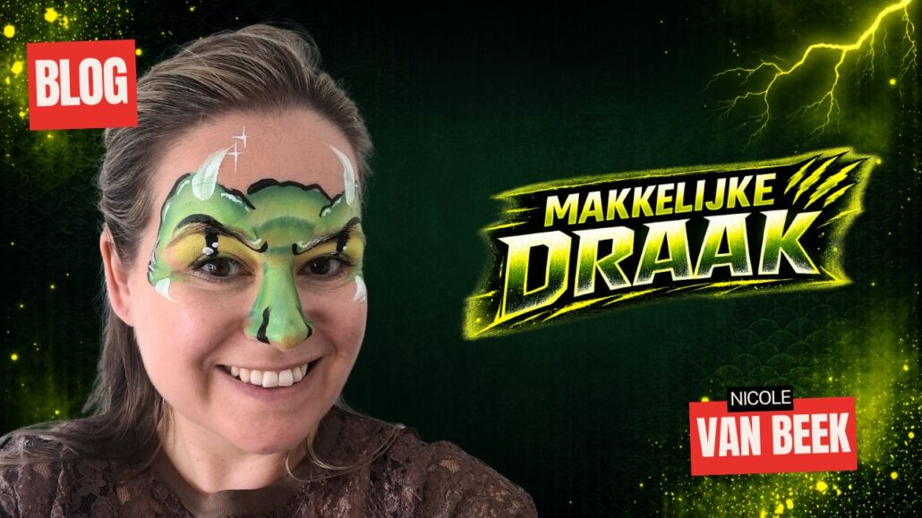 Stoere drakenkop schminken op kindergezicht met neon gele ogen, groene splitcake omlijning en witte hoorns, tutorial van Nicole van Beek op SchminkenGrime.nl