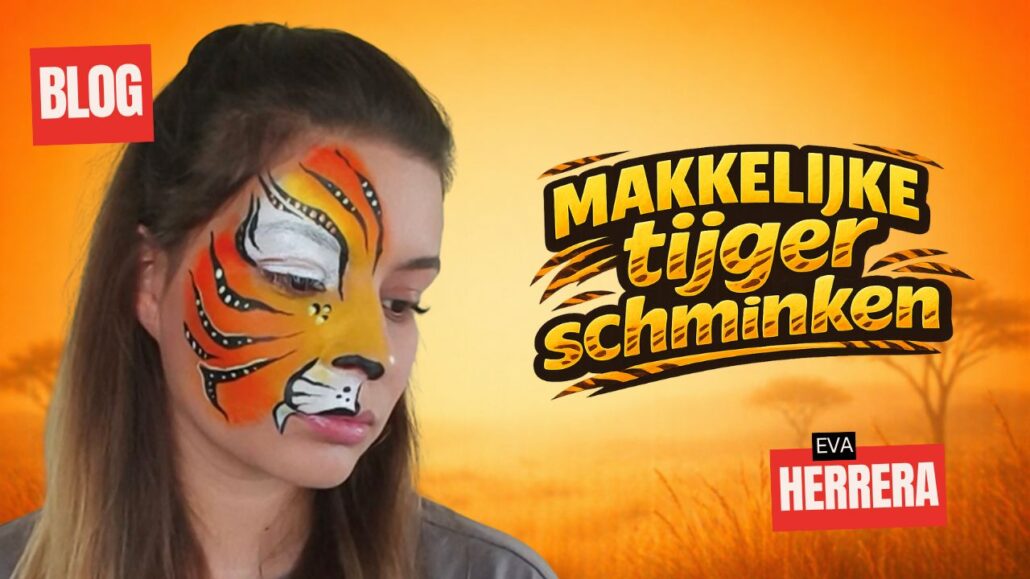 Makkelijke halve tijger schminken met geel oranje vacht en zwarte strepen op gezicht, verkrijgbaar bij SchminkenGrime.nl
