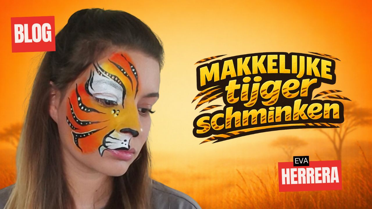 Makkelijke halve tijger schminken met geel oranje vacht en zwarte strepen op gezicht, verkrijgbaar bij SchminkenGrime.nl
