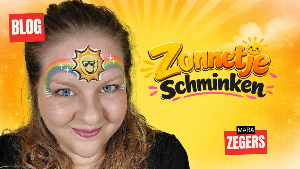 Vrolijk zonnetje schminken op voorhoofd met zonnebril, zonnestralen en neon regenboog boogjes, verkrijgbaar bij SchminkenGrime.nl
