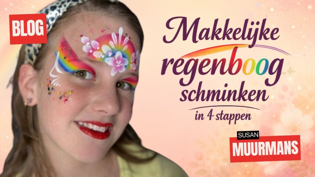 Eindresultaat van een regenboogdesign met twee schuine regenbogen rond oog en voorhoofd, witte bloemen met cerise rode accenten, rode lippenstift en cream glitter, verkrijgbaar bij SchminkenGrime.nl.