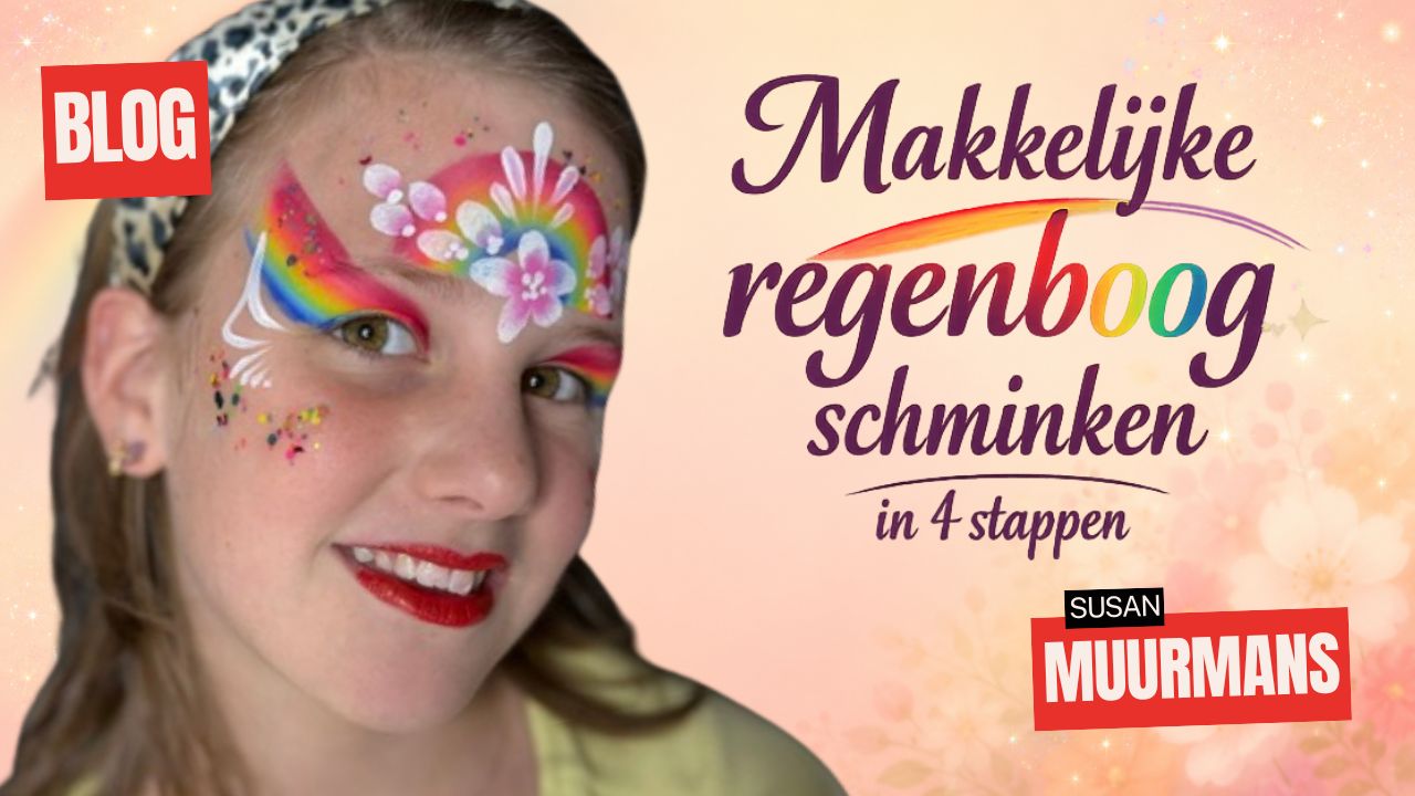 Eindresultaat van een regenboogdesign met twee schuine regenbogen rond oog en voorhoofd, witte bloemen met cerise rode accenten, rode lippenstift en cream glitter, verkrijgbaar bij SchminkenGrime.nl.