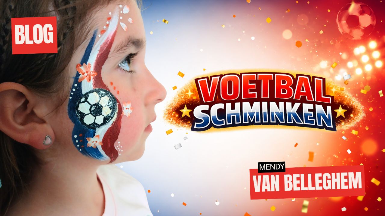 Voetbal supporter schminken in 6 stappen: rood-wit-blauw ontwerp voor WK en EK, verkrijgbaar bij SchminkenGrime.nl