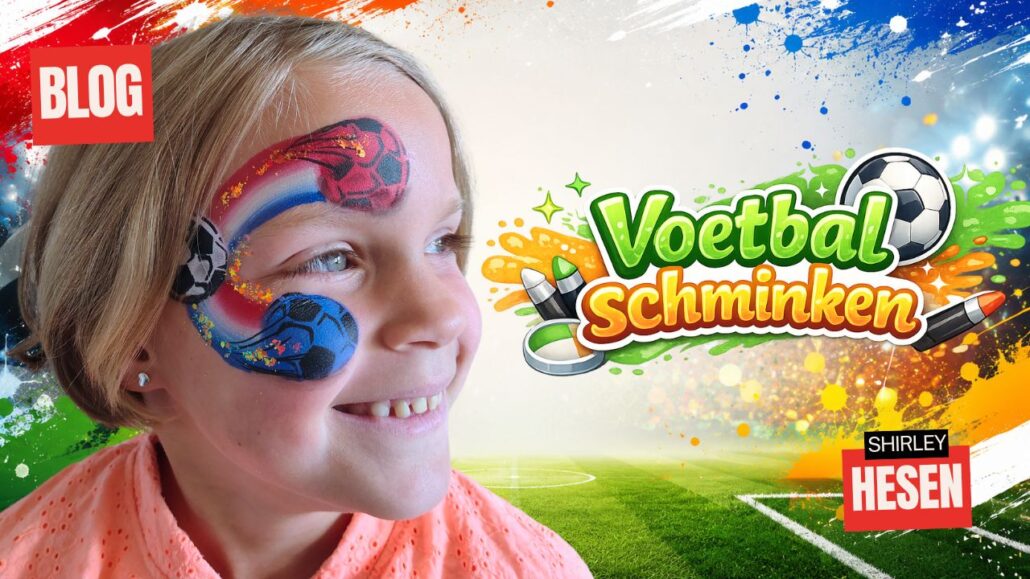 Geschminkt voetbal-design rond het oog voor het WK met rood-wit-blauwe vlaggen, drie voetballen en oranje glitter, verkrijgbaar bij SchminkenGrime.nl