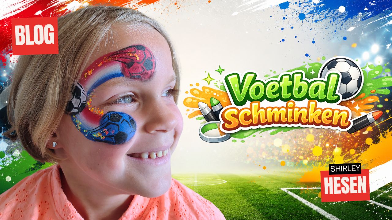 Geschminkt voetbal-design rond het oog voor het WK met rood-wit-blauwe vlaggen, drie voetballen en oranje glitter, verkrijgbaar bij SchminkenGrime.nl