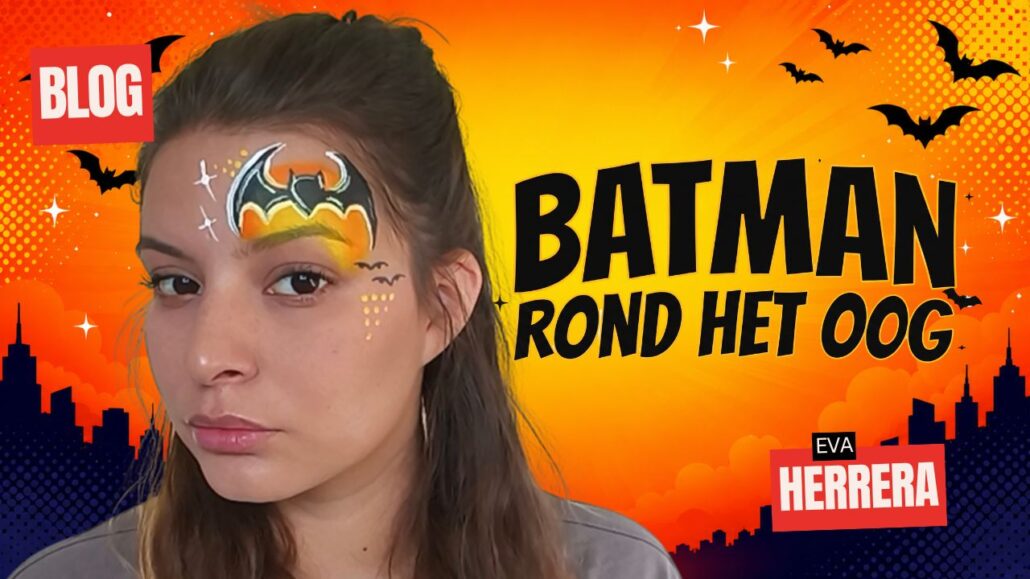 Batman boven het oog geschminkt met een gele en oranje zonsondergang, een zwart vleermuis-embleem, kleine vleermuizen en witte sterretjes, verkrijgbaar bij SchminkenGrime.nl.