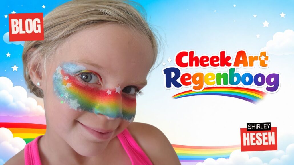 Cheek art met een regenboog over beide ogen en de neus, zachte blauwwitte wolkjes, witte sterren en glitter op een kind, verkrijgbaar bij SchminkenGrime.nl