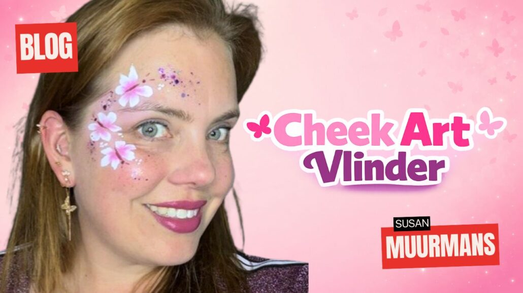 Cheek art met meerdere roze vlindertjes rond het oog, met een plum lijfje, antennes en glitter, verkrijgbaar bij SchminkenGrime.nl