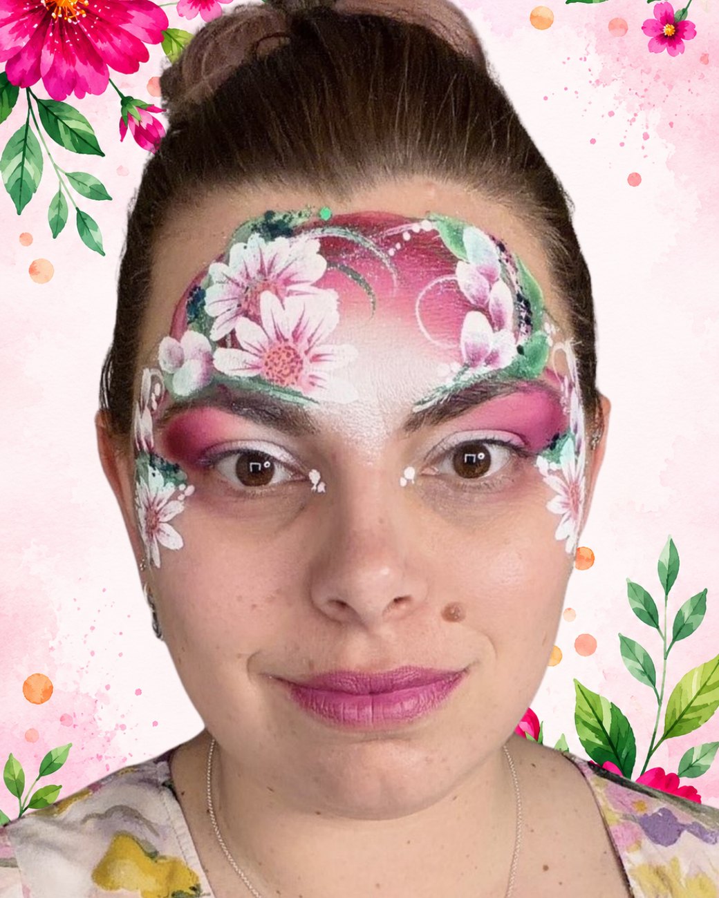 Witte double-dip bloemen met roze hart rond de stippen, vijfde stap waarin de echte bloemen verschijnen met de FBFX Linda en Eva penselen, verkrijgbaar bij SchminkenGrime.nl