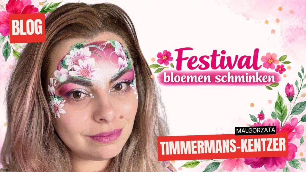 Vrouw met een complete festival bloemenlook over het voorhoofd en de ogen, met roze basis, witte madelieven, groene blaadjes en glitter, verkrijgbaar bij SchminkenGrime.nl